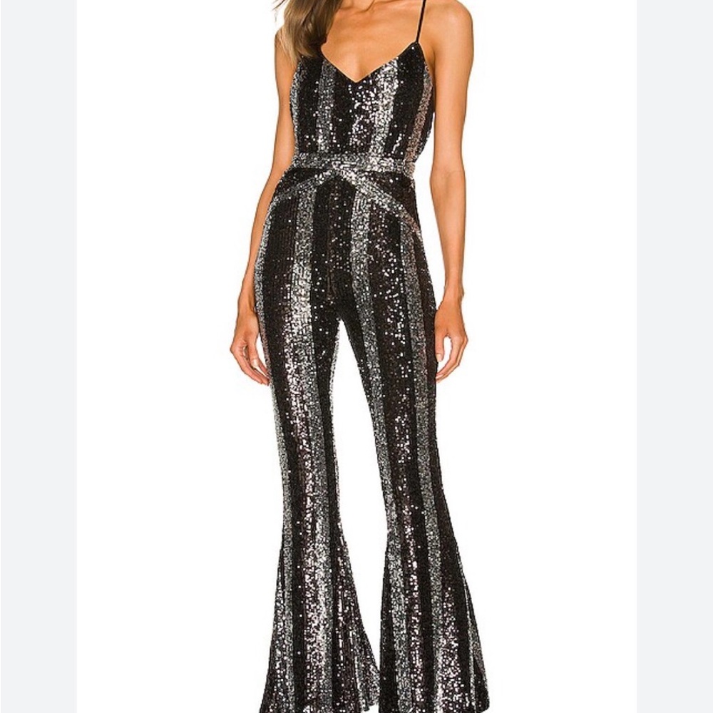 REVOLVE Black and Silver Striped Sequin Jumpsuit
